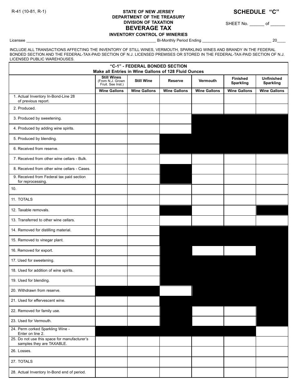 Form R-41 Schedule C Inventory Control of Wineries - Beverage Tax - New Jersey, Page 1