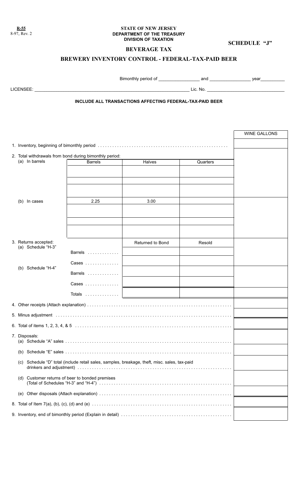 Form R-55 Schedule J Brewery Inventory Control - Federal-Tax-Paid-Beer - New Jersey, Page 1