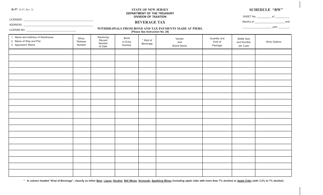 Form R-57 Schedule BW Printable Pdf