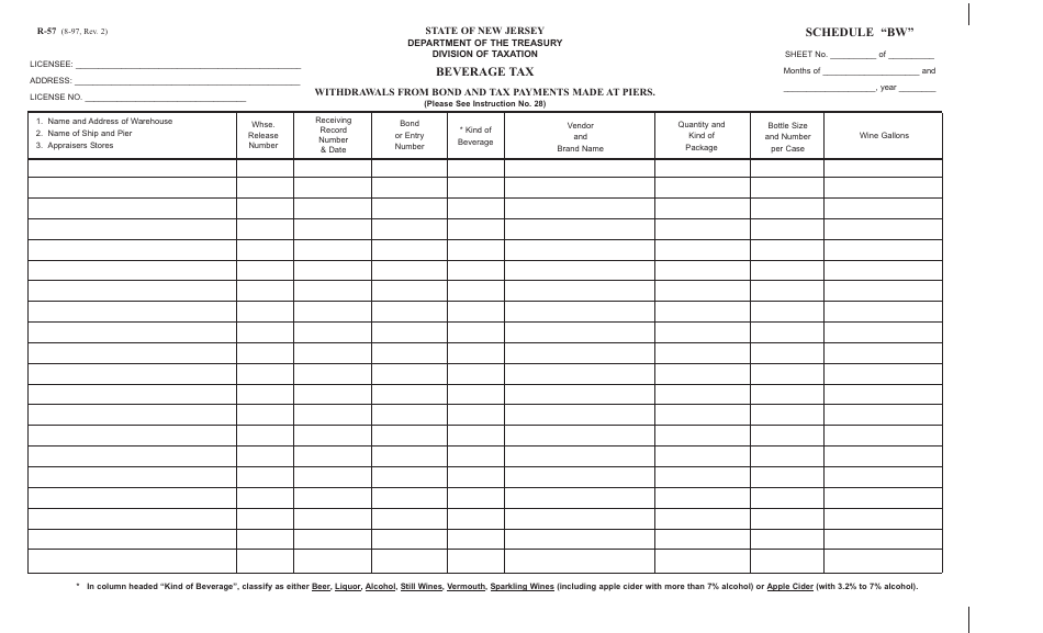 Form R-57 Schedule BW Withdrawals From Bond and Tax Payments Made at Piers - New Jersey, Page 1