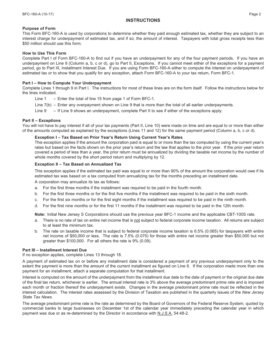 Form BFC-160-A Underpayment of Estimated N.j. Corporation Business Tax for Taxpayers With Gross Receipts Less Than $50 Million - New Jersey, Page 2