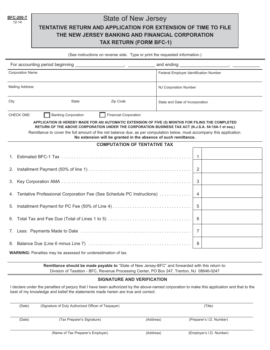 Form BFC-200-T Tentative Return and Application for Extension of Time to File the New Jersey Banking and Financial Corporation Tax Return (Form Bfc-1) - New Jersey, Page 1