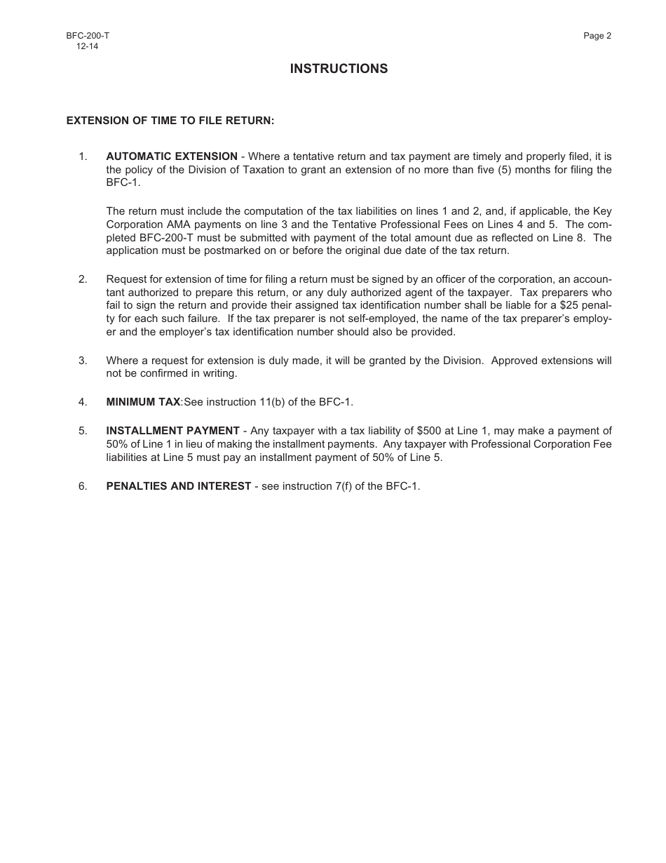 Form BFC-200-T Tentative Return and Application for Extension of Time to File the New Jersey Banking and Financial Corporation Tax Return (Form Bfc-1) - New Jersey, Page 2