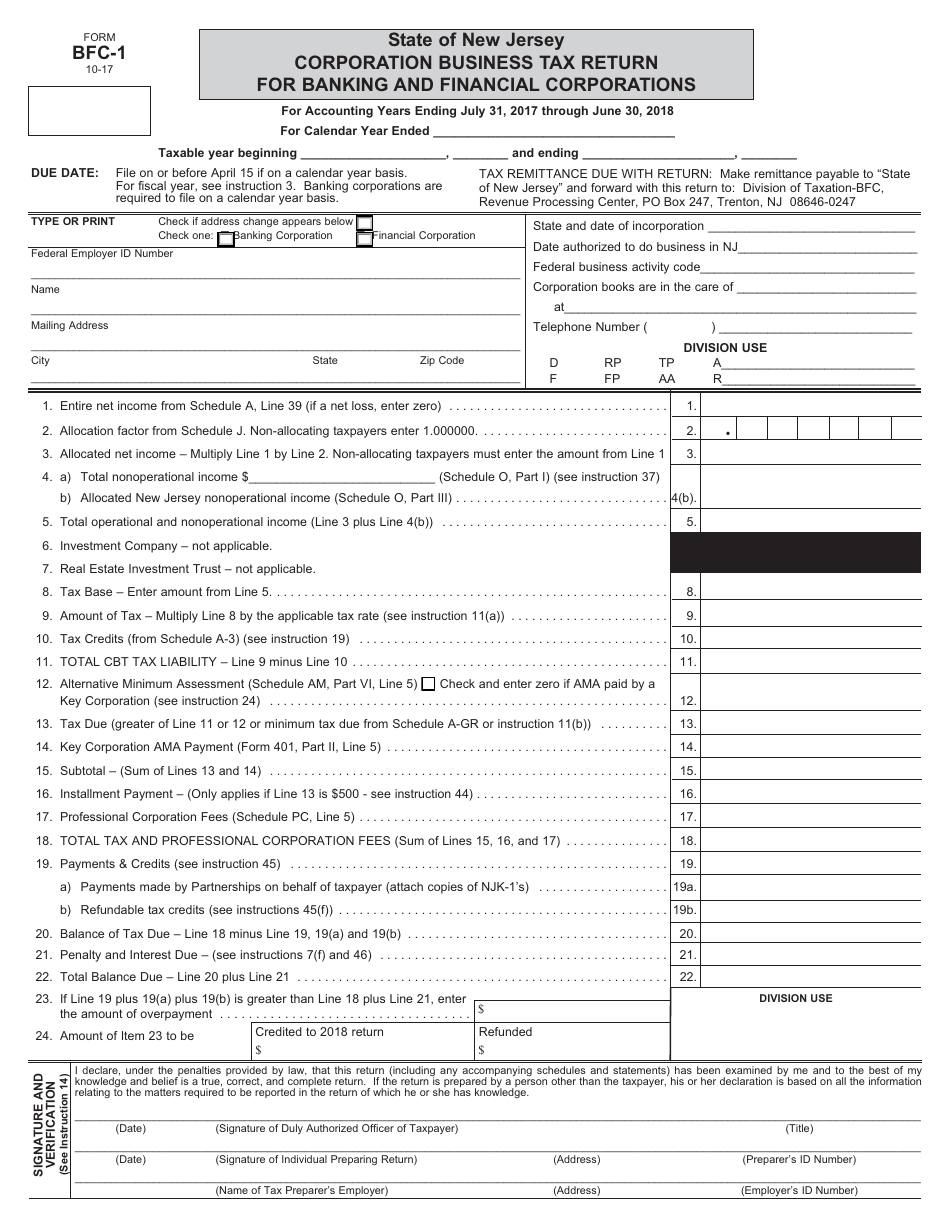 Form BFC-1 Corporation Business Tax Return for Banking and Financial Corporations - New Jersey, Page 1