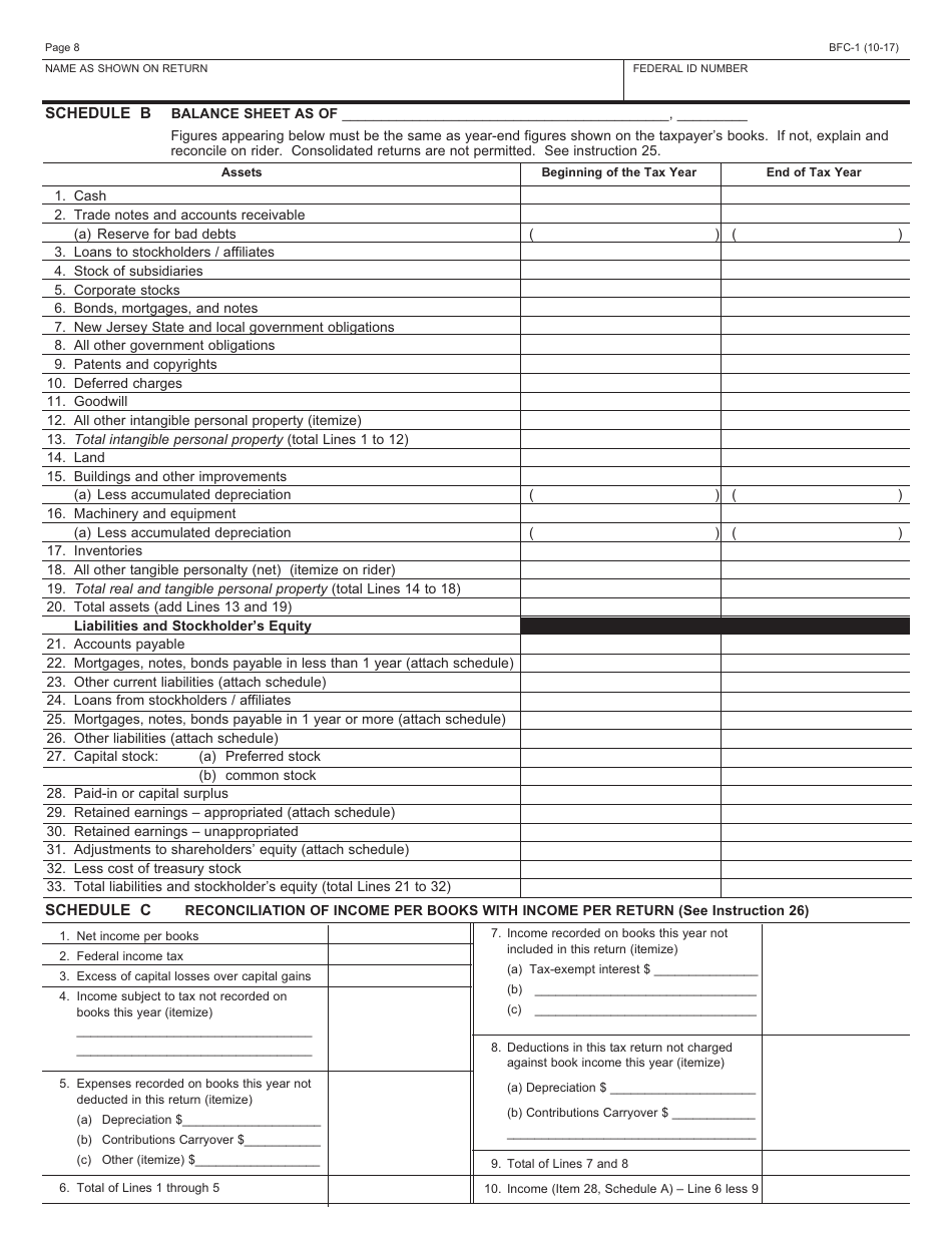 Form BFC-1 Corporation Business Tax Return for Banking and Financial Corporations - New Jersey, Page 8