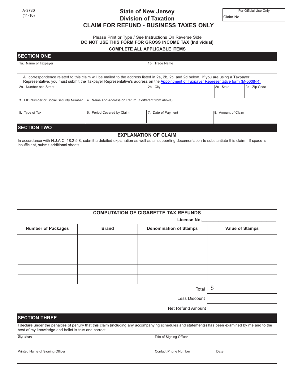 Form A-3730 Claim for Refund - New Jersey, Page 1