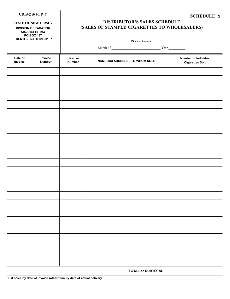 Form CDIS-2 Schedule S Distributors Sales Schedule (Sales of Stamped Cigarettes to Wholesalers) - New Jersey, Page 1