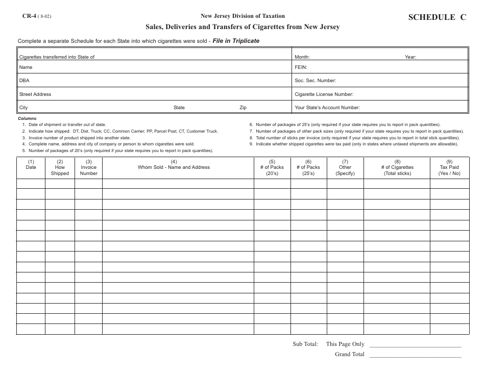 Form CR-4 Schedule C Sales, Deliveries and Transfers of Cigarettes From New Jersey - New Jersey, Page 1