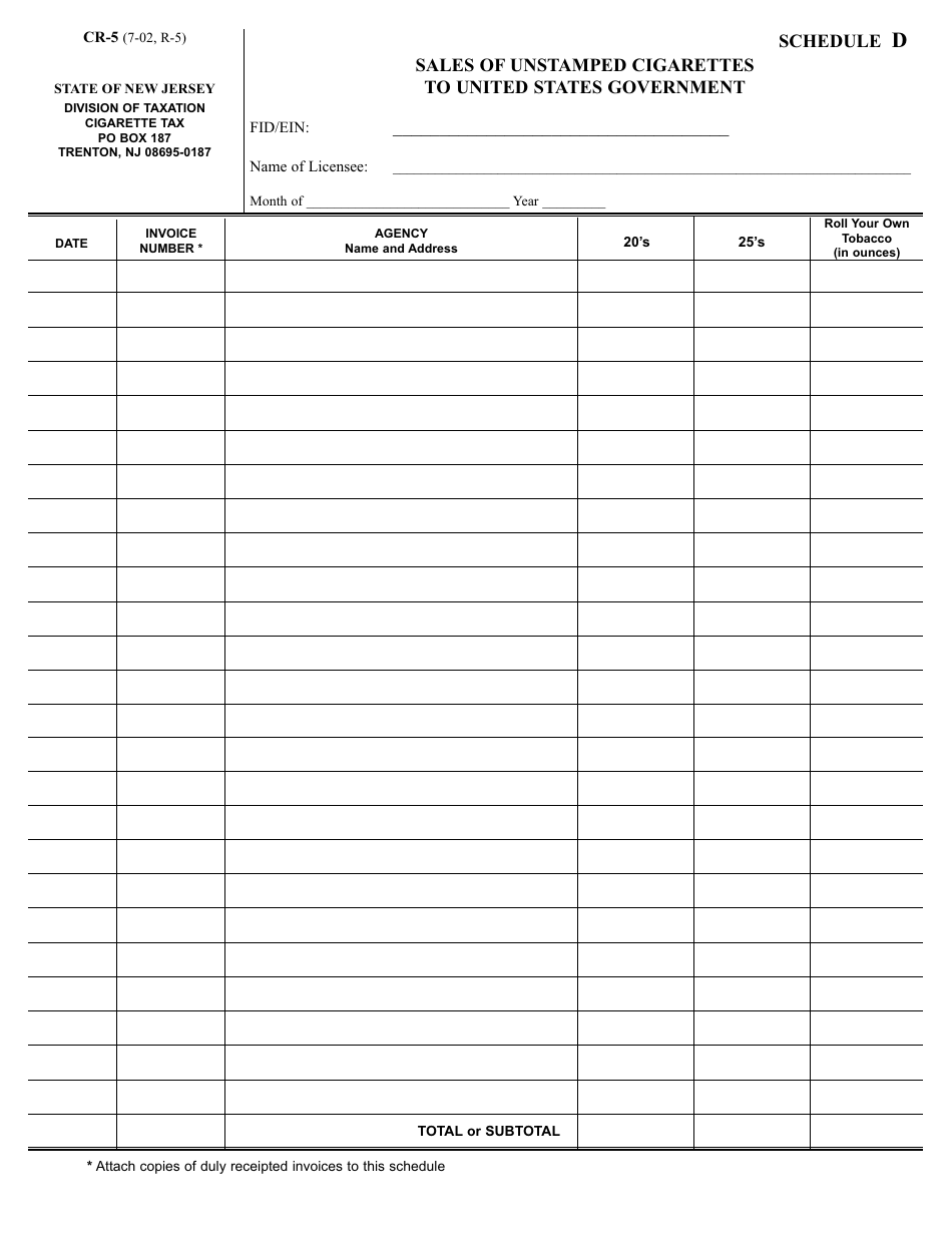 Form CR-5 Schedule D Sales of Unstamped Cigarettes to United States Government - New Jersey, Page 1