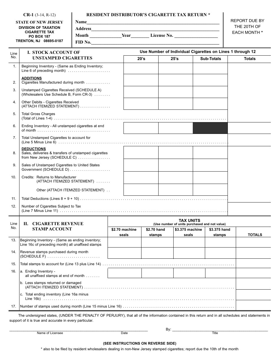 Form CR-1 Resident Distributors Cigarette Tax Return - New Jersey, Page 1