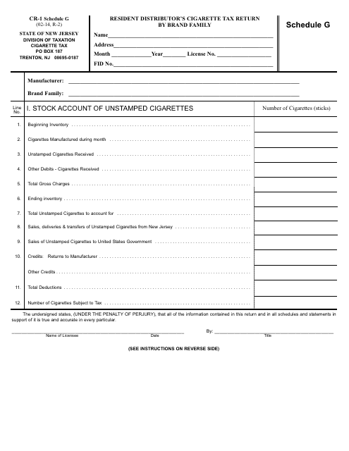 Form CR-1 Schedule G Resident Distributor's Cigarette Tax Return by Brand Family - New Jersey