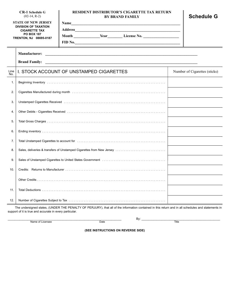 Form CR-1 Schedule G Resident Distributors Cigarette Tax Return by Brand Family - New Jersey, Page 1