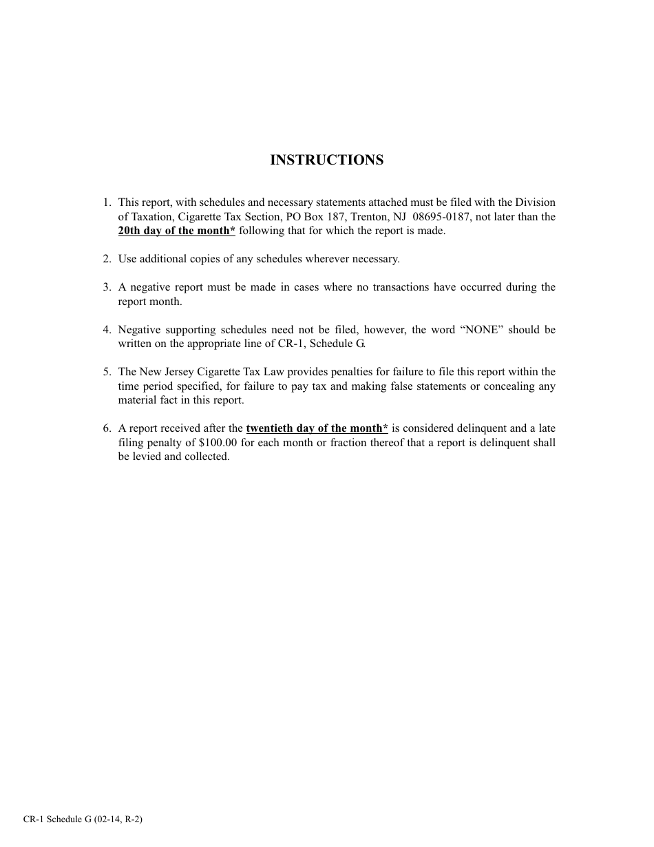 Form CR-1 Schedule G Resident Distributors Cigarette Tax Return by Brand Family - New Jersey, Page 2