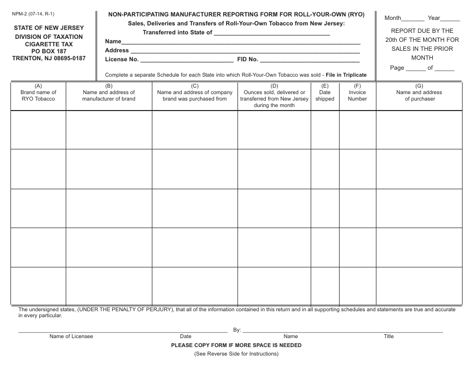 Form NPM-2 Non-participating Manufacturer Reporting Form for Roll-Your-Own (Ryo) - New Jersey, Page 1