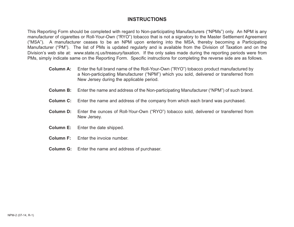 Form NPM-2 Non-participating Manufacturer Reporting Form for Roll-Your-Own (Ryo) - New Jersey, Page 2