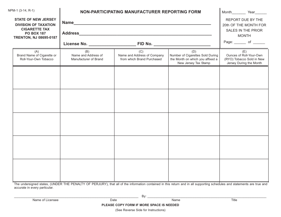 Form NPM-1 Non-participating Manufacturer Reporting Form - New Jersey, Page 1