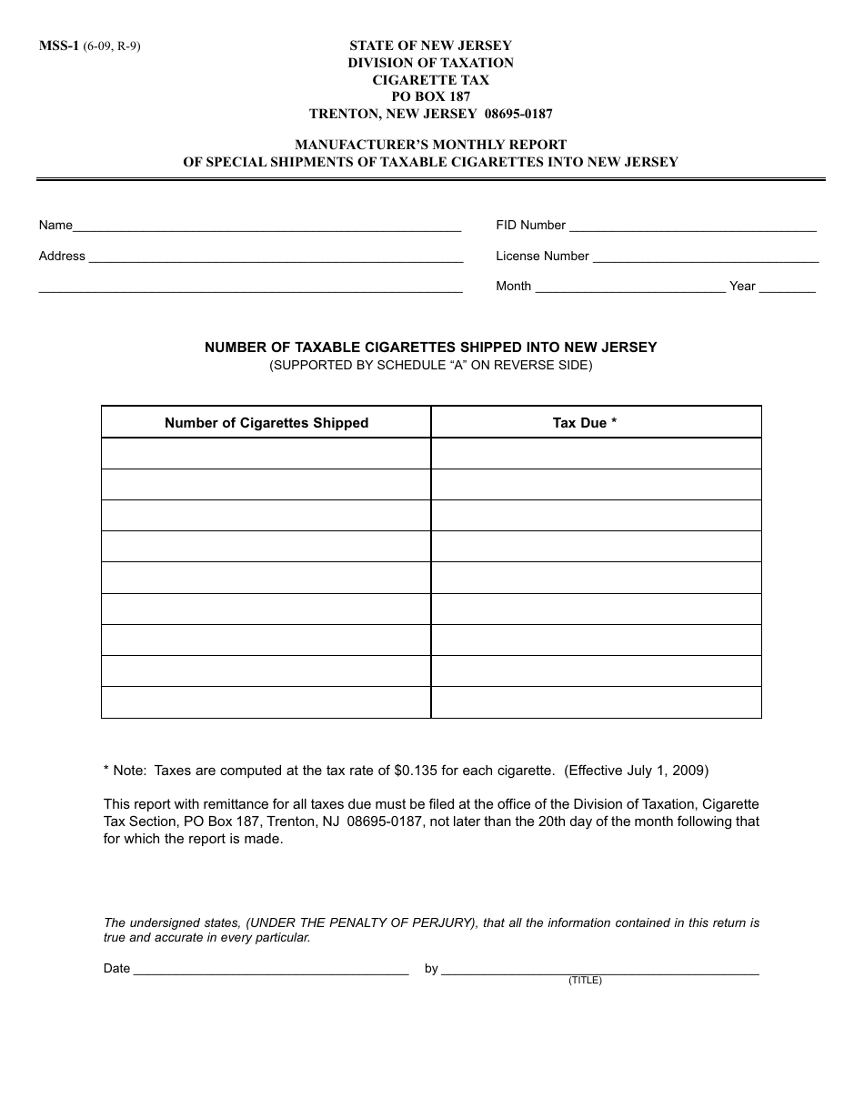 Form MSS-1 Manufacturers Monthly Report of Special Shipments of Taxable Cigarettes Into New Jersey - New Jersey, Page 1
