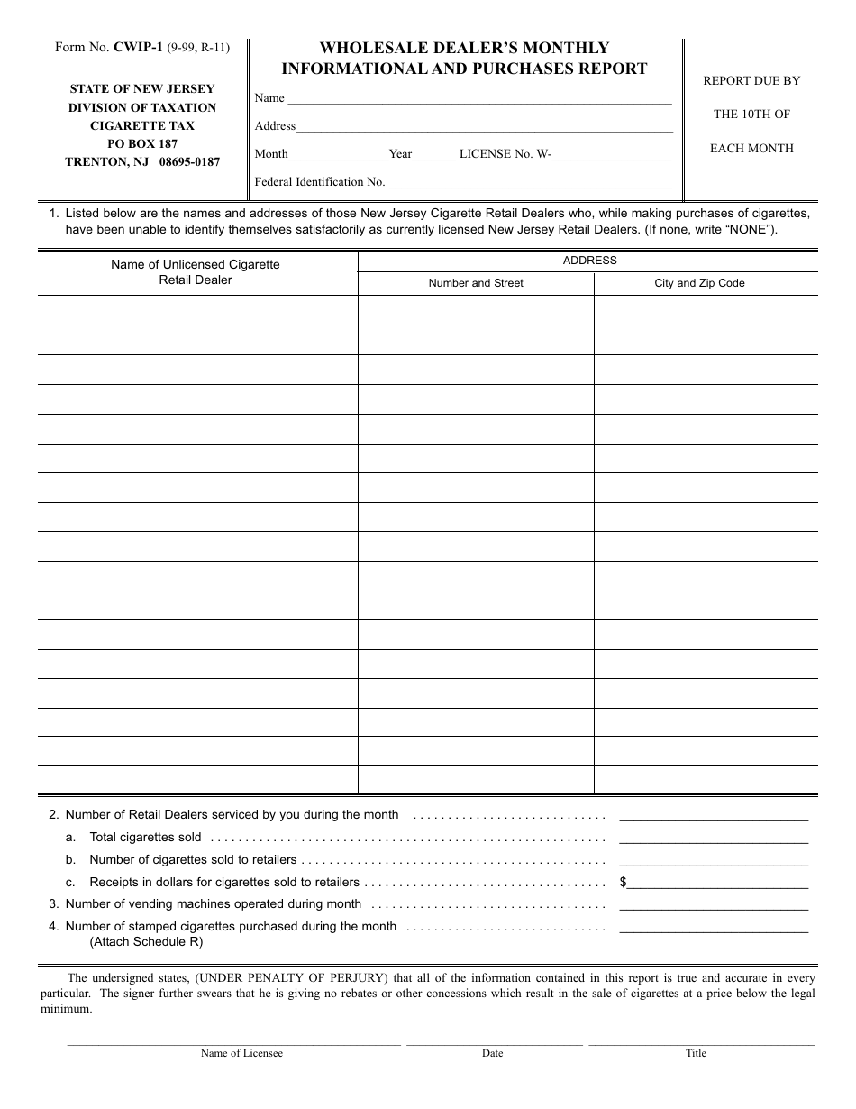 Form CWIP-1 Wholesale Dealers Monthly Informational and Purchases Report - New Jersey, Page 1