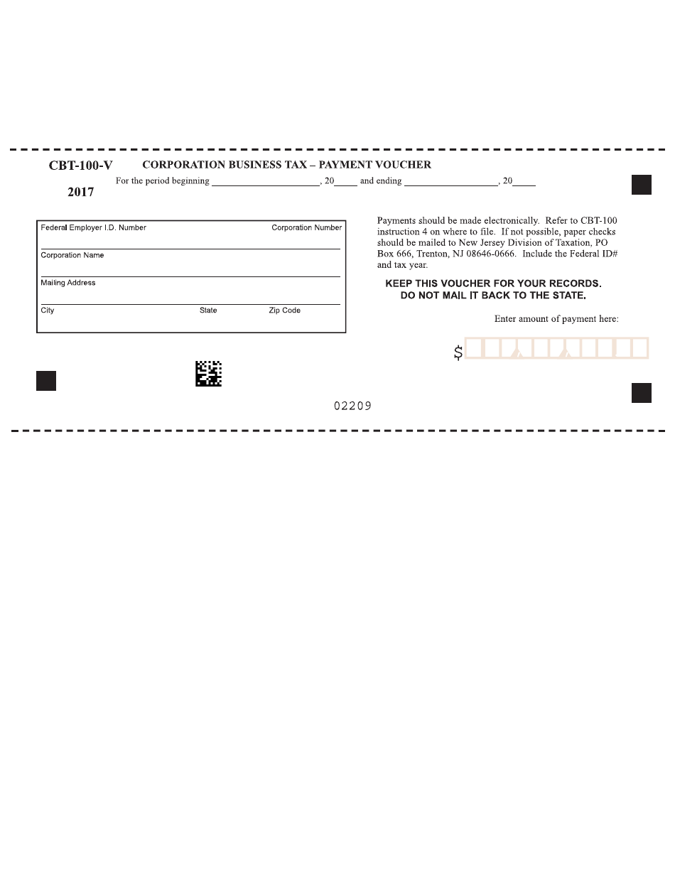 Form CBT-100-V Corporation Business Tax - Payment Voucher - New Jersey, Page 1
