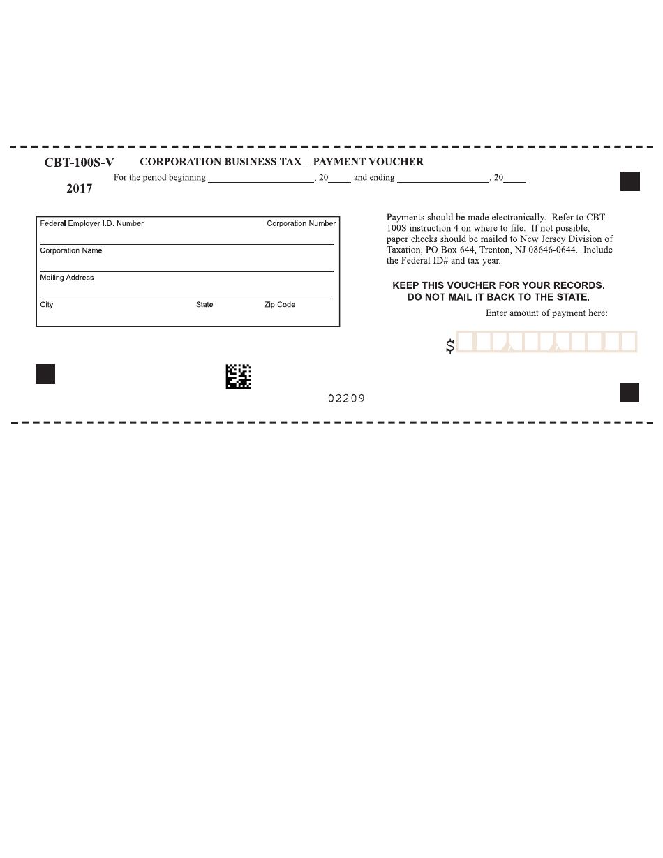Form CBT-100S-V Corporation Business Tax - Payment Voucher - New Jersey, Page 1