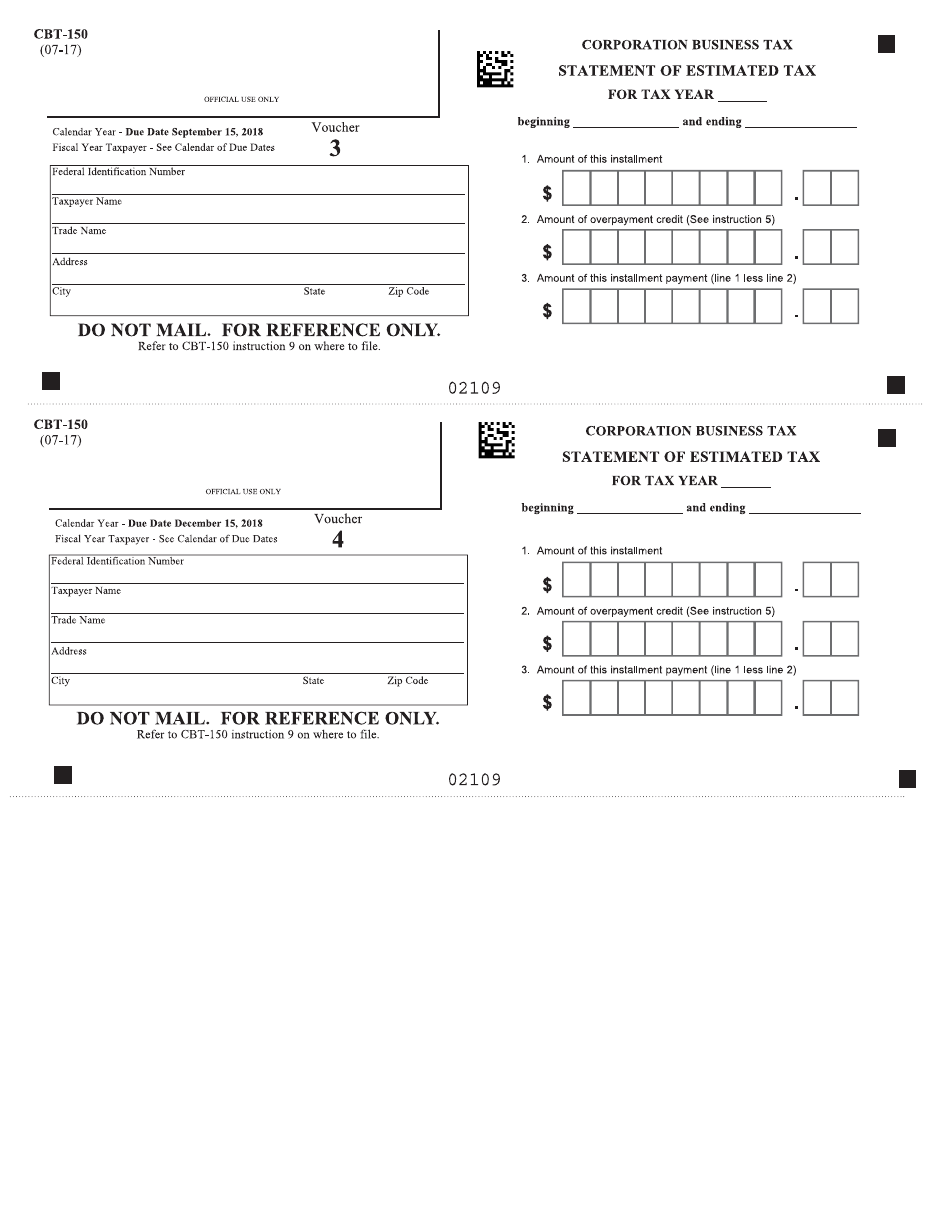 Form CBT-150 Statement of Estimated Tax - New Jersey, Page 3