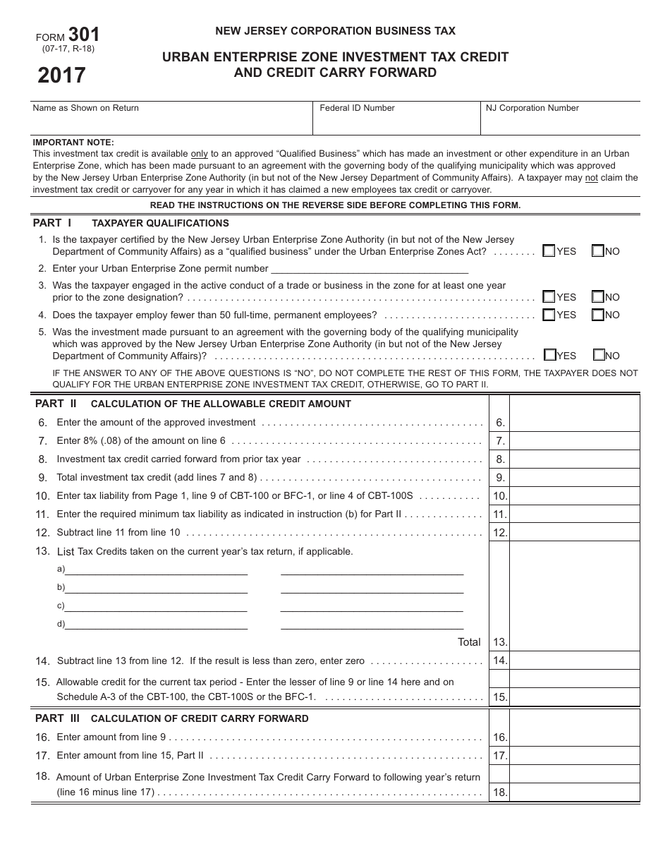 Form 301 Download Fillable PDF or Fill Online Urban Enterprise Zone ...