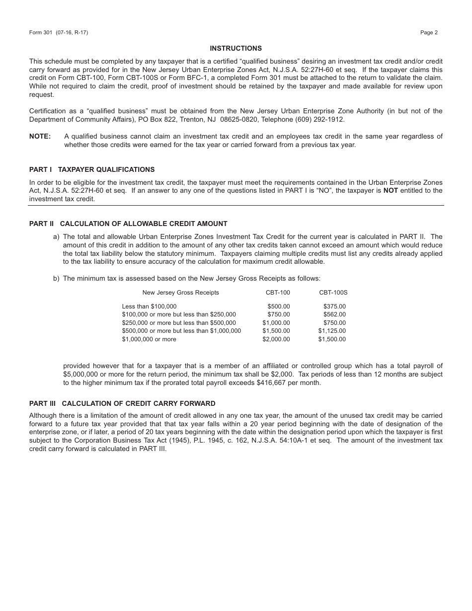 Form 301 Urban Enterprise Zone Investment Tax Credit and Credit Carry Forward - New Jersey, Page 2