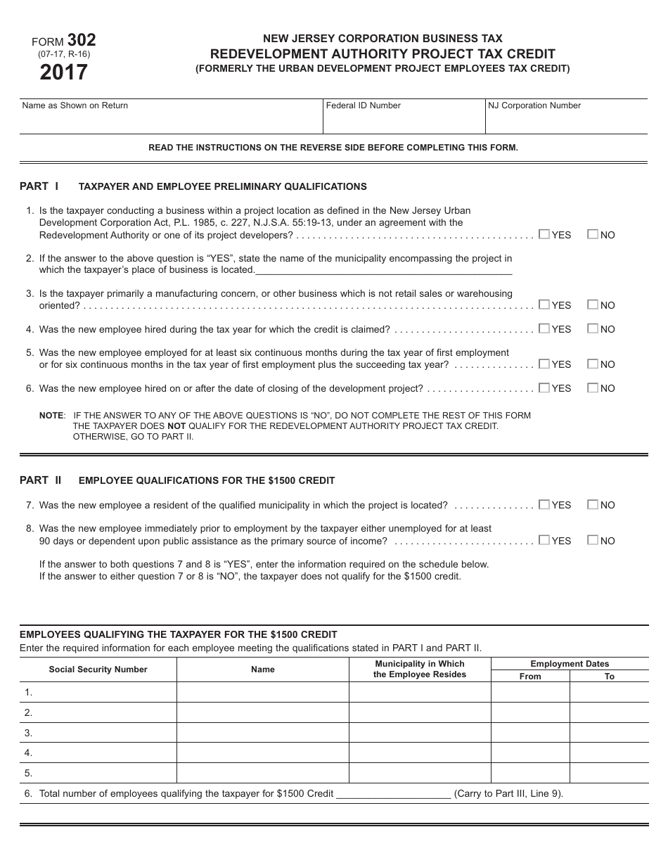 Form 302 Redevelopment Authority Project Tax Credit - New Jersey, Page 1
