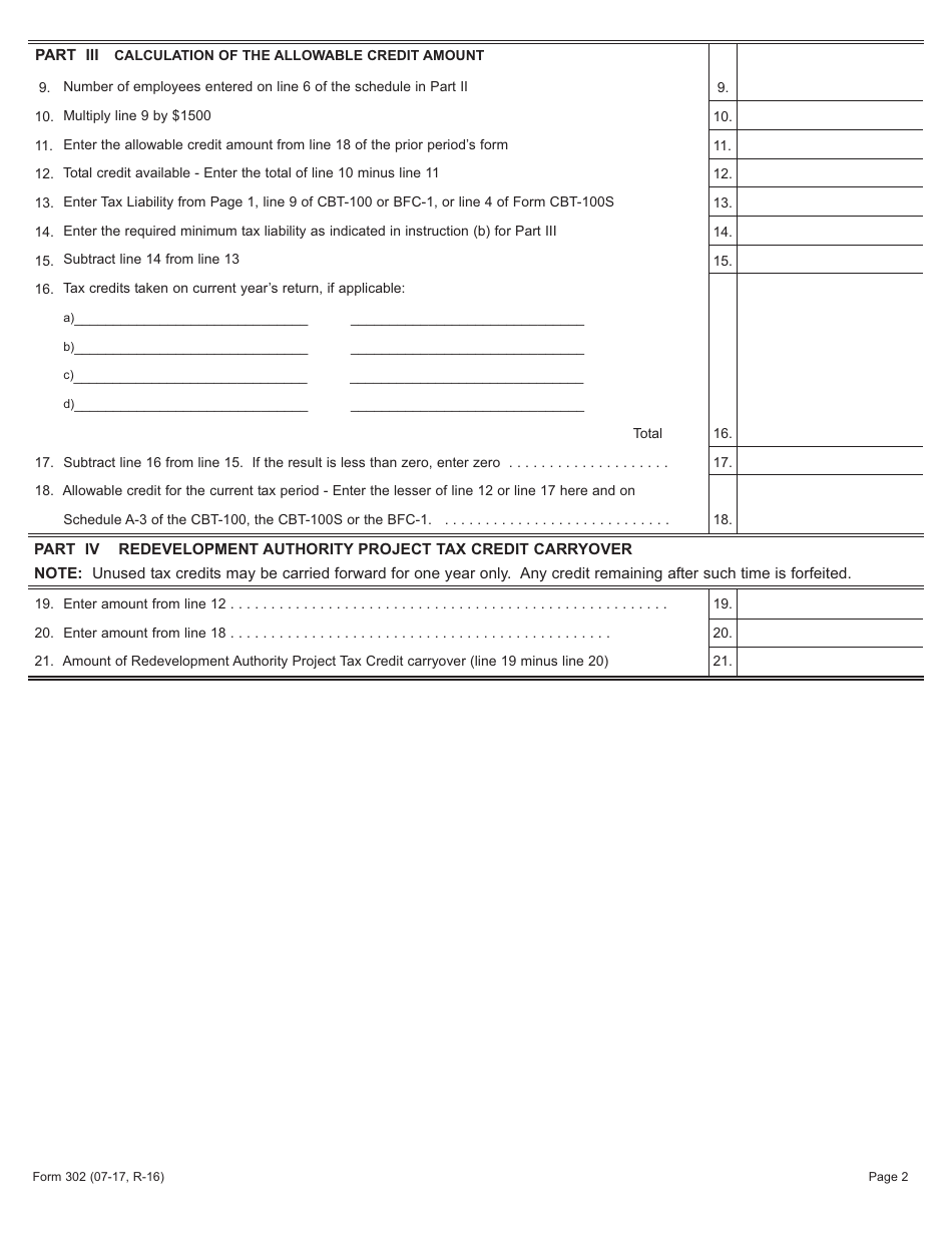 Form 302 Redevelopment Authority Project Tax Credit - New Jersey, Page 2