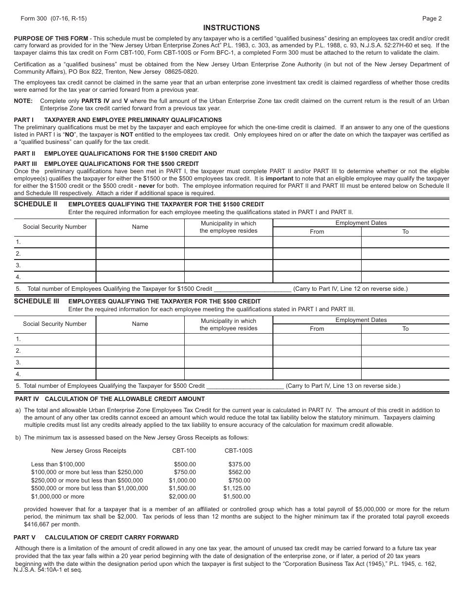 Form 300 Urban Enterprise Zone Employees Tax Credit and Credit Carry Forward - New Jersey, Page 2