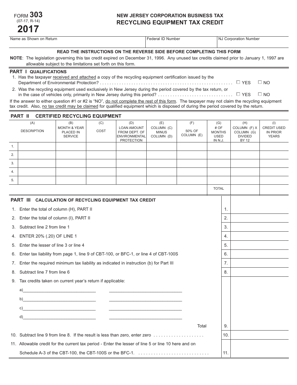 Form 303 Recycling Equipment Tax Credit - New Jersey, Page 1