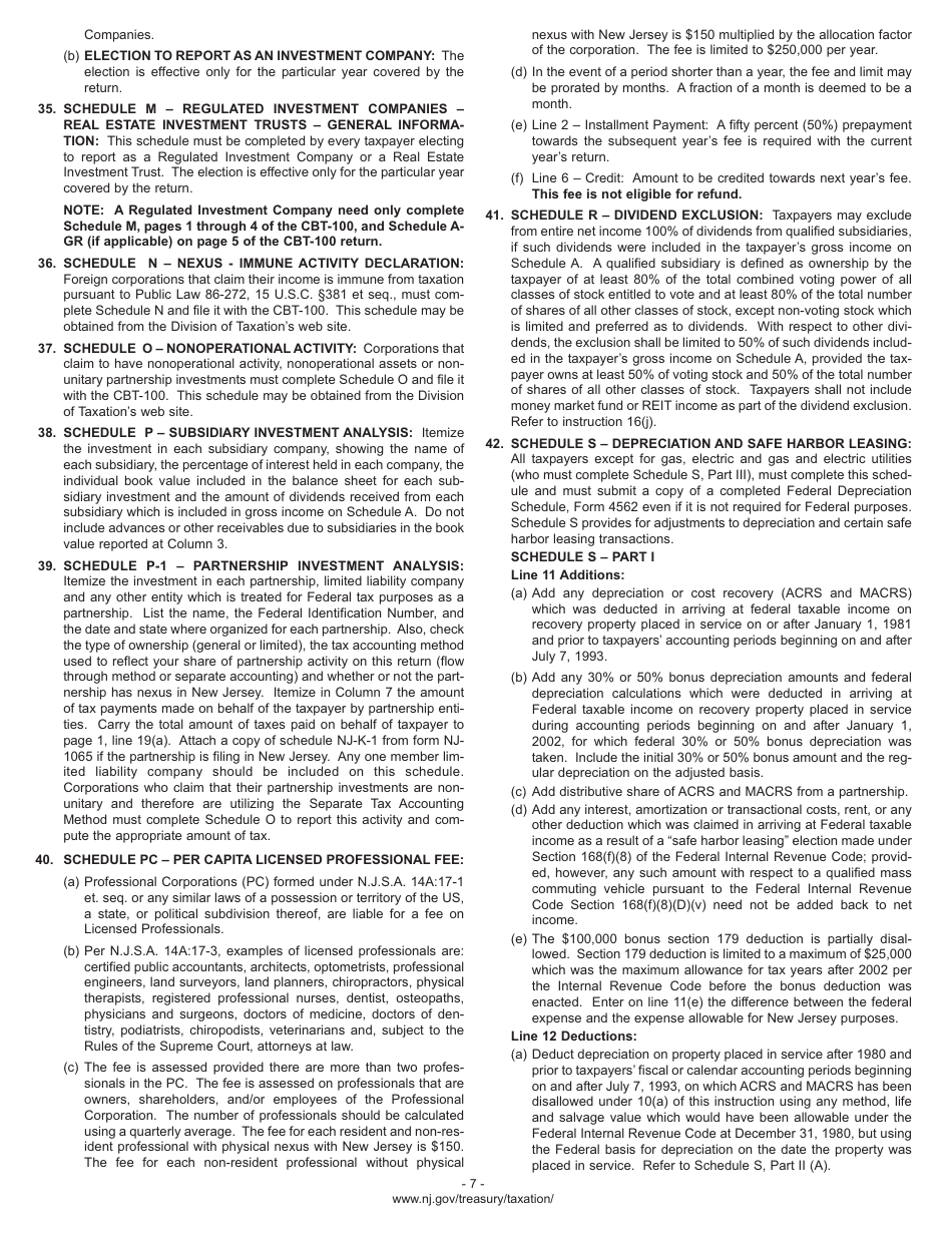 Instructions for Form CBT-100 Corporation Business Tax Return - New Jersey, Page 10