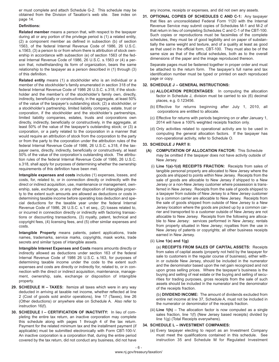 Instructions for Form CBT-100 Corporation Business Tax Return - New Jersey, Page 9