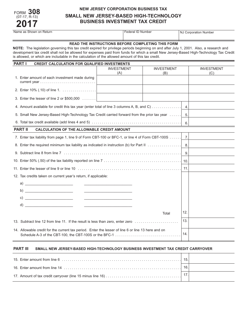 Form 308 Small New Jersey-Based High-Technology Business Investment Tax Credit - New Jersey, Page 1