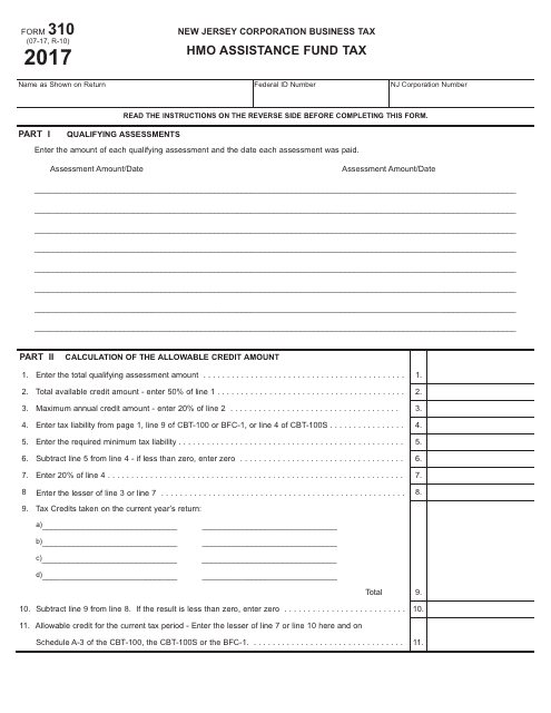 Form 310 HMO Assistance Fund Tax - New Jersey, 2017