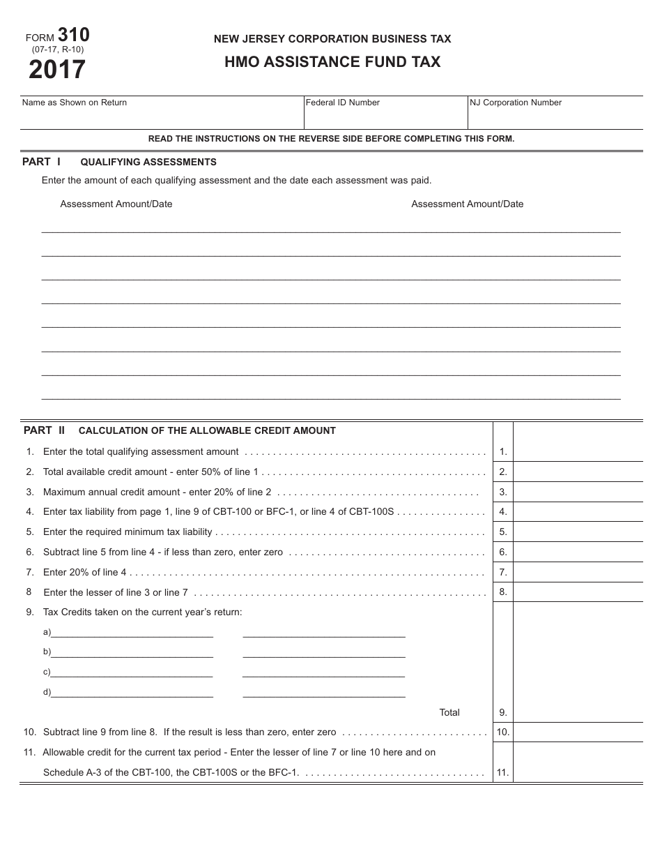 Form 310 HMO Assistance Fund Tax - New Jersey, Page 1