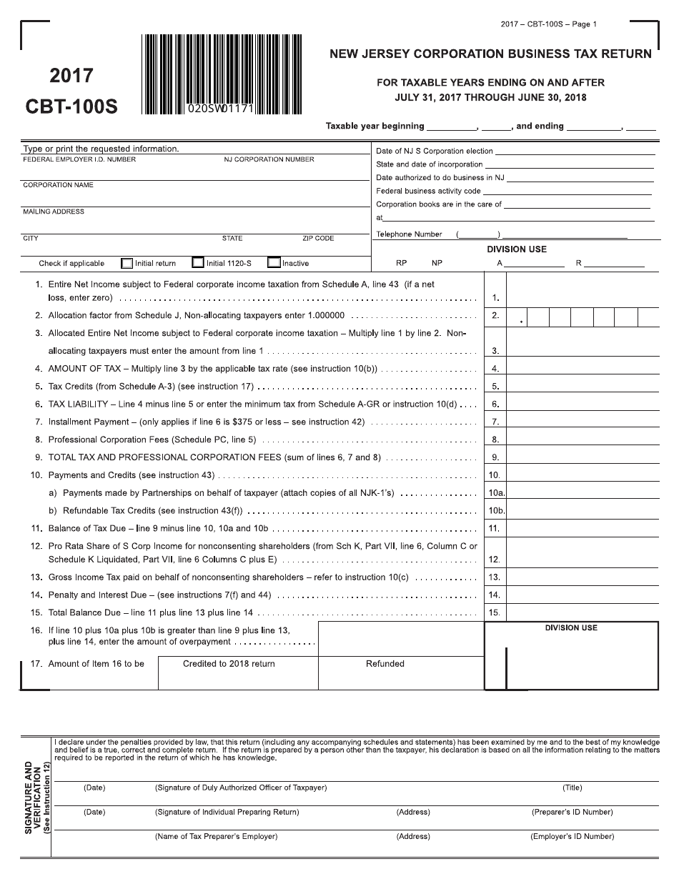 Form CBT-100S New Jersey Corporation Business Tax Return - New Jersey, Page 1