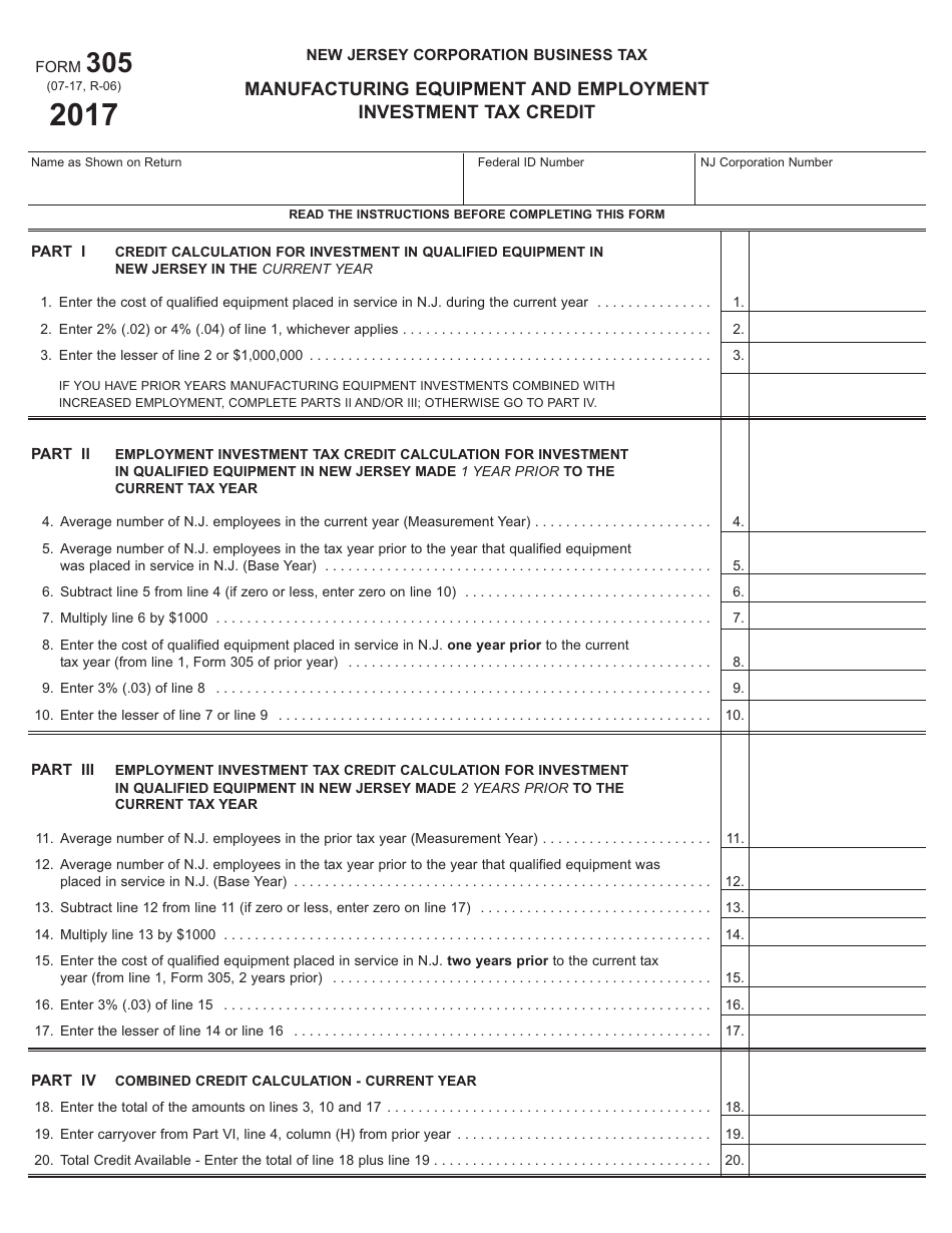 Form 305 Manufacturing Equipment and Employment Investment Tax Credit - New Jersey, Page 1