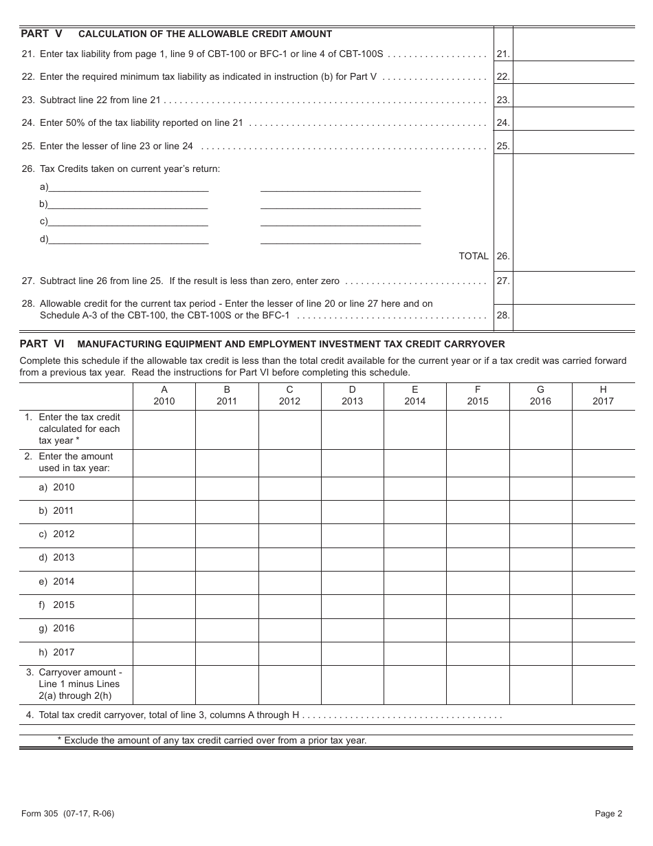 Form 305 Manufacturing Equipment and Employment Investment Tax Credit - New Jersey, Page 2