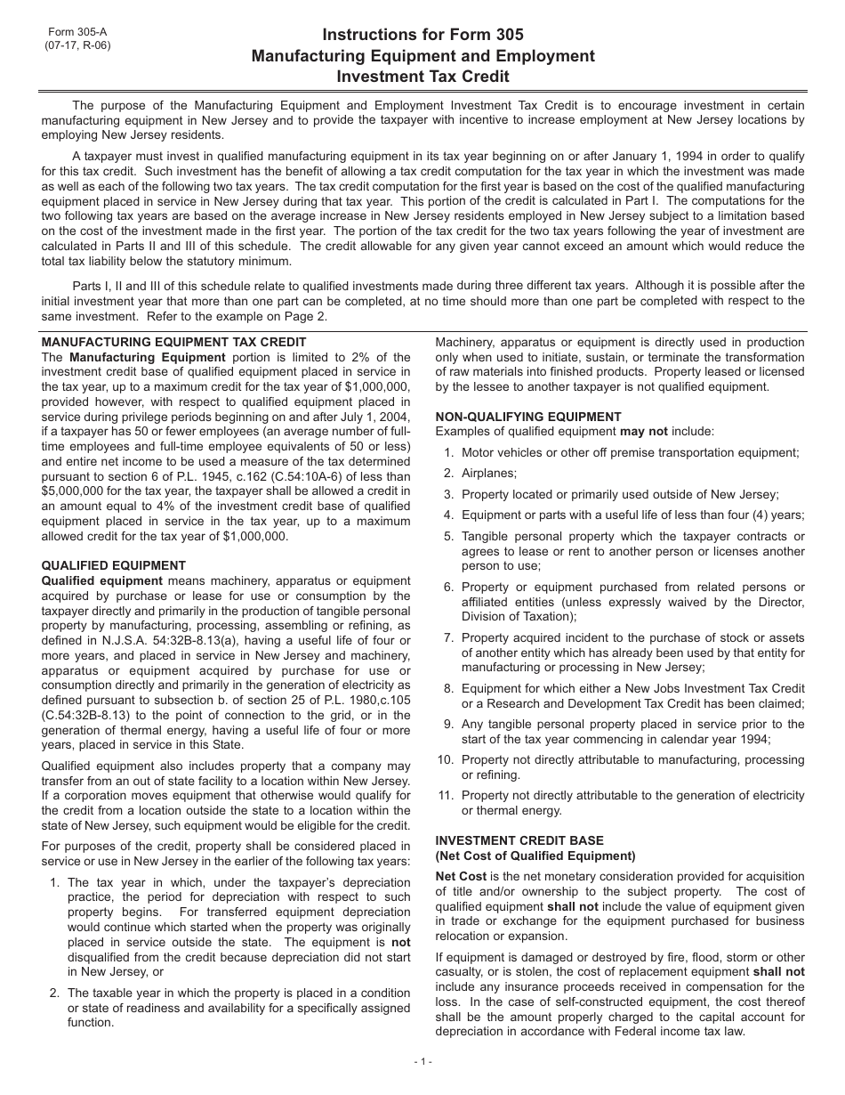 Form 305 Manufacturing Equipment and Employment Investment Tax Credit - New Jersey, Page 3