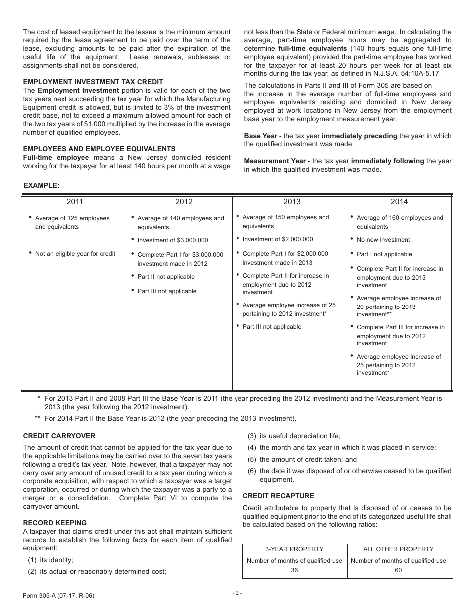 Form 305 Manufacturing Equipment and Employment Investment Tax Credit - New Jersey, Page 4