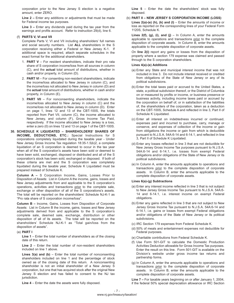 Instructions for Form CBT-100S S Corporation Business Tax Return - New Jersey, Page 10