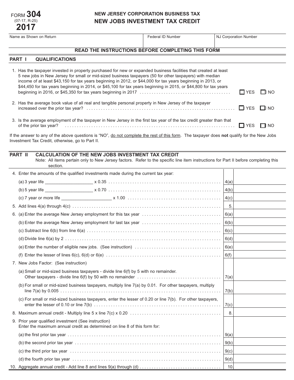 Form 304 New Jobs Investment Tax Credit - New Jersey, Page 1