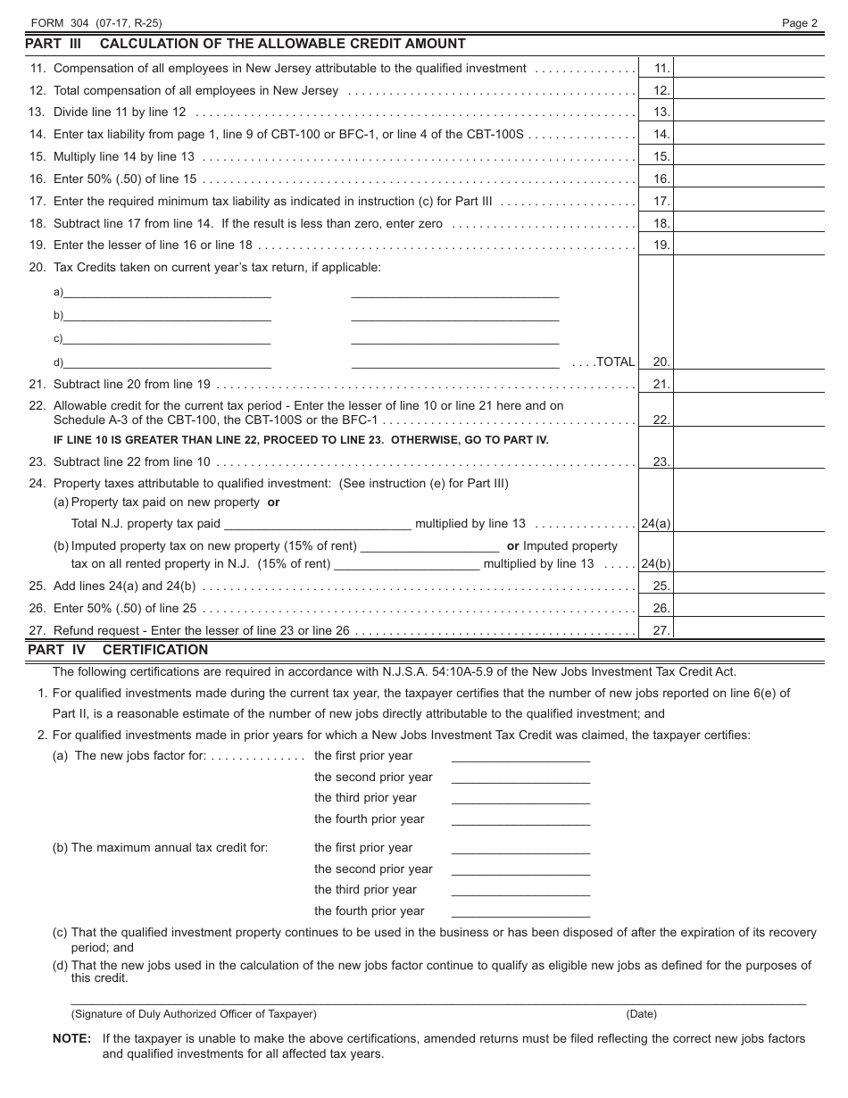 Form 304 New Jobs Investment Tax Credit - New Jersey, Page 2