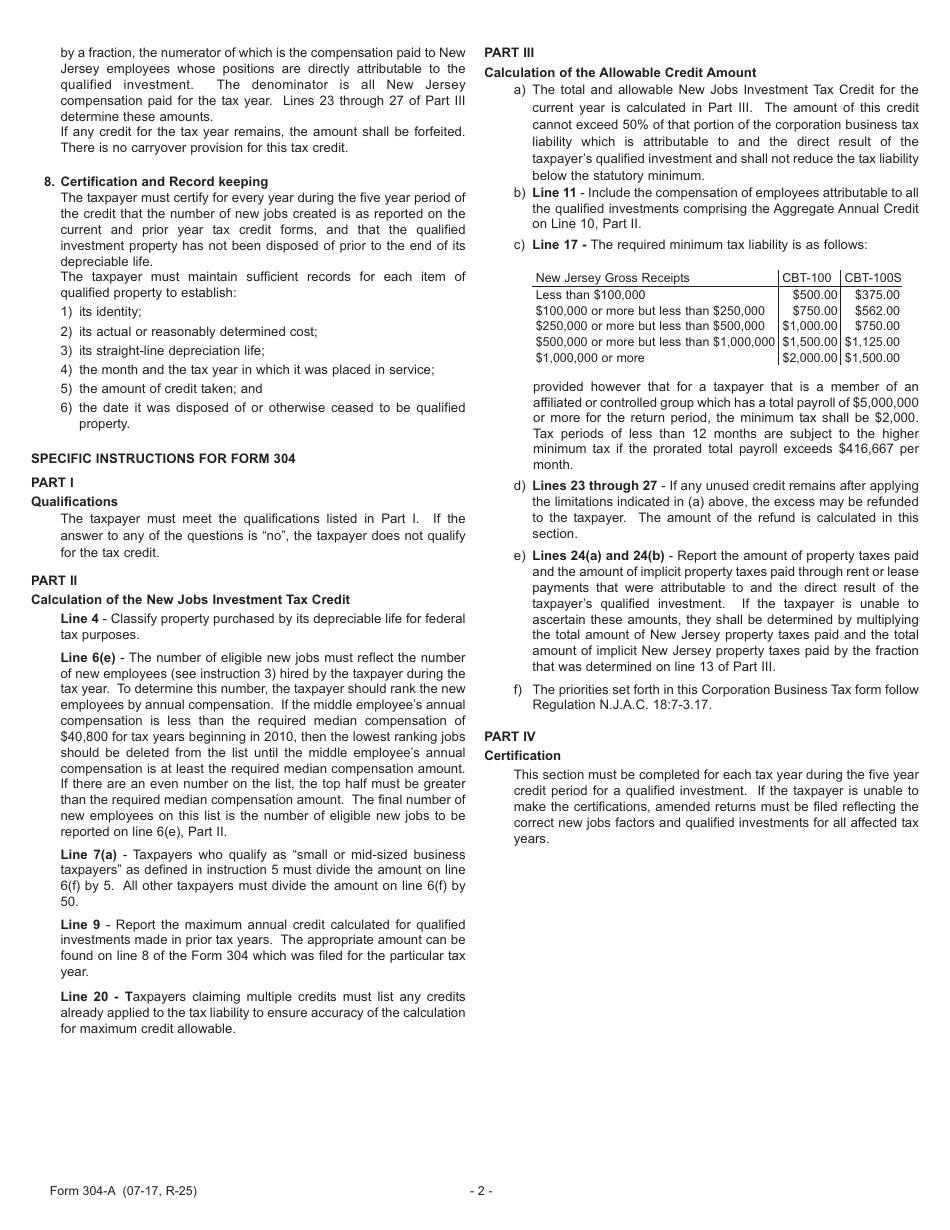 Form 304 New Jobs Investment Tax Credit - New Jersey, Page 4