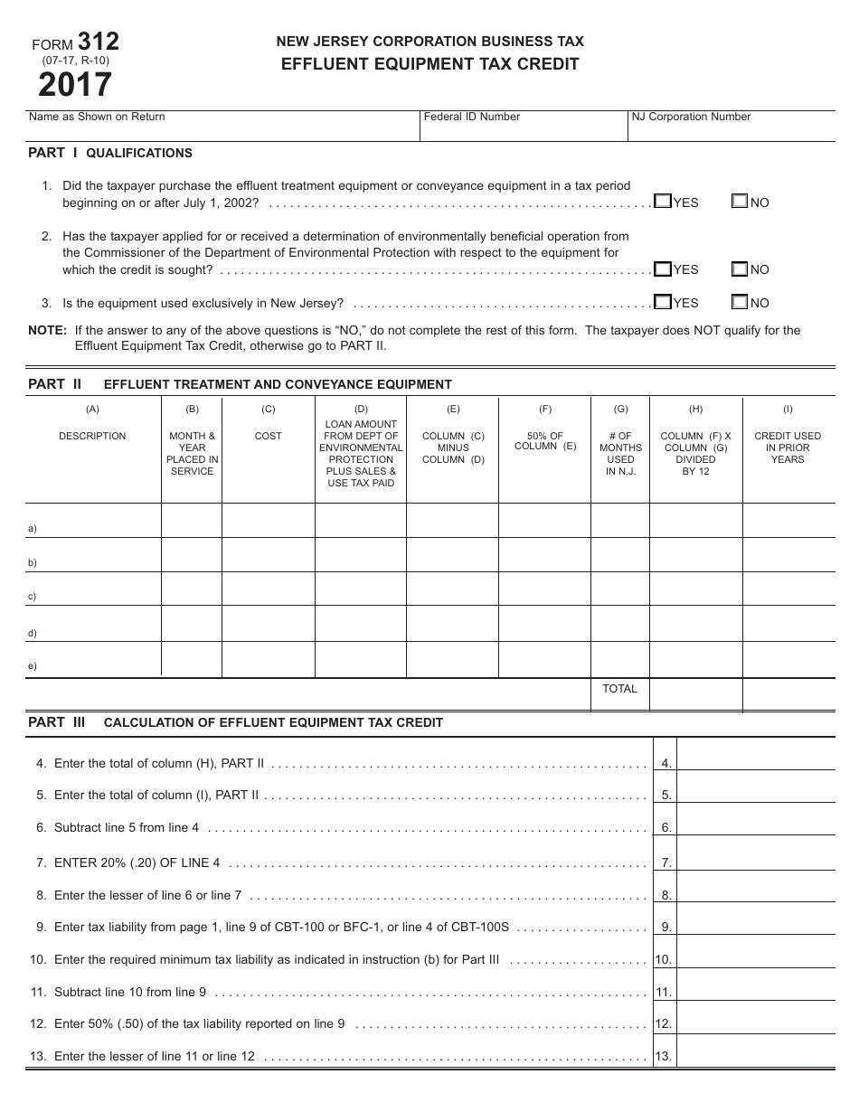 Form 312 Effluent Equipment Tax Credit - New Jersey, Page 1
