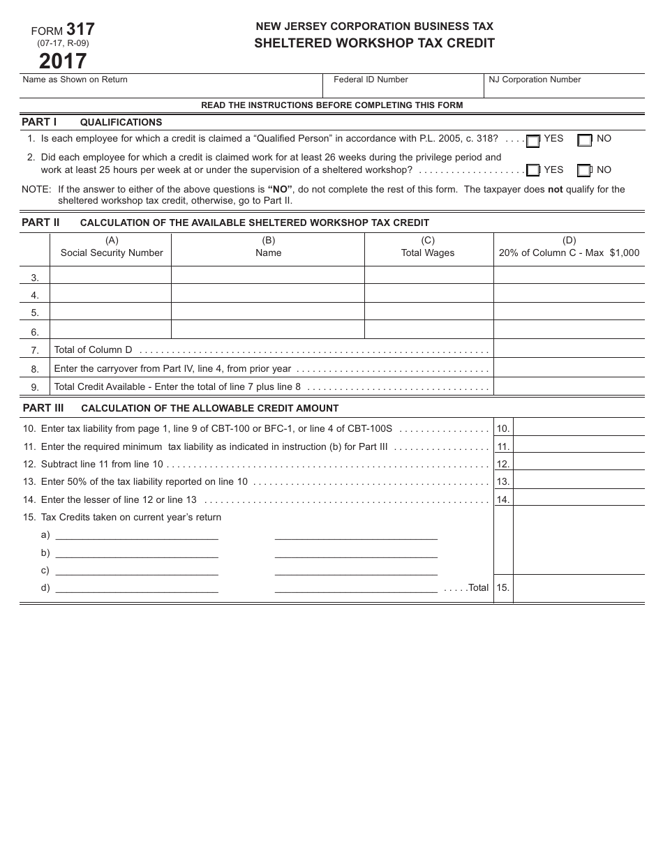 Form 317 Sheltered Workshop Tax Credit - New Jersey, Page 1