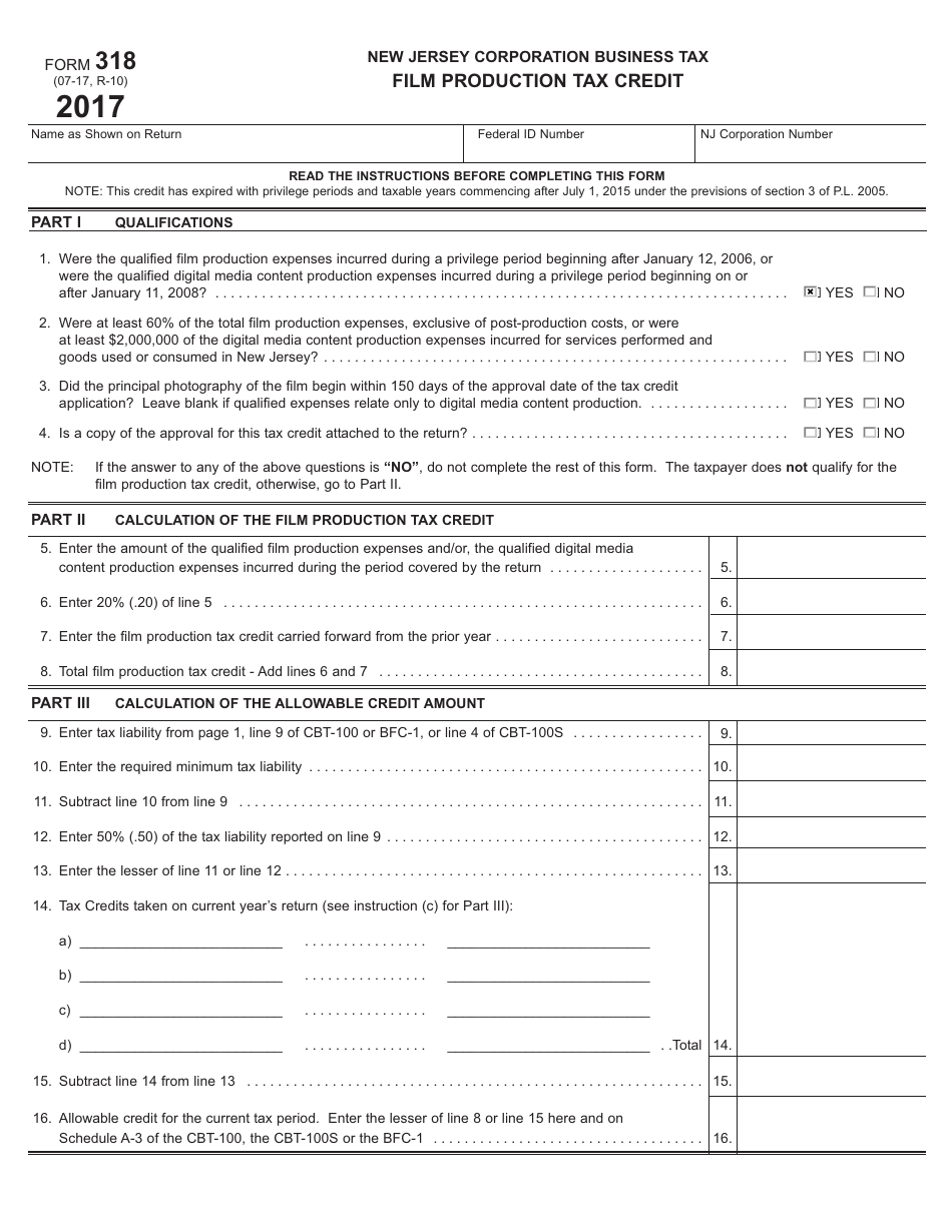Form 318 Film Production Tax Credit - New Jersey, Page 1