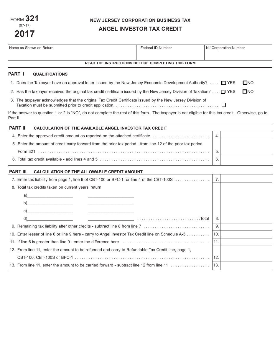 Form 321 Angel Investor Tax Credit - New Jersey, Page 1