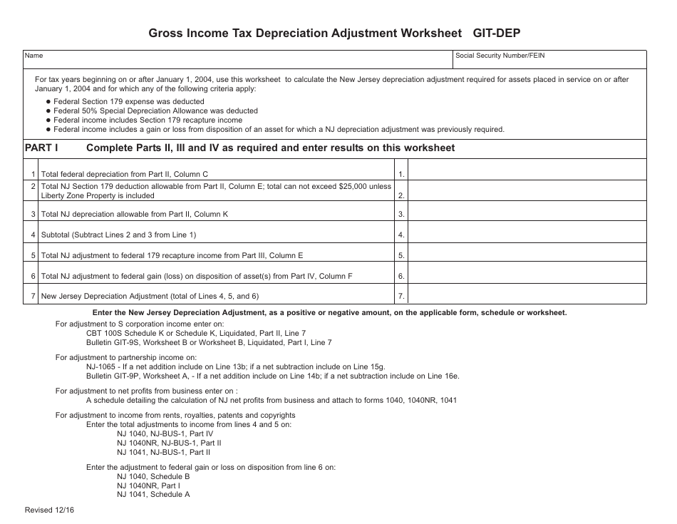 Worksheet Git-DEP - Gross Income Tax Depreciation Adjustment - New Jersey, Page 2